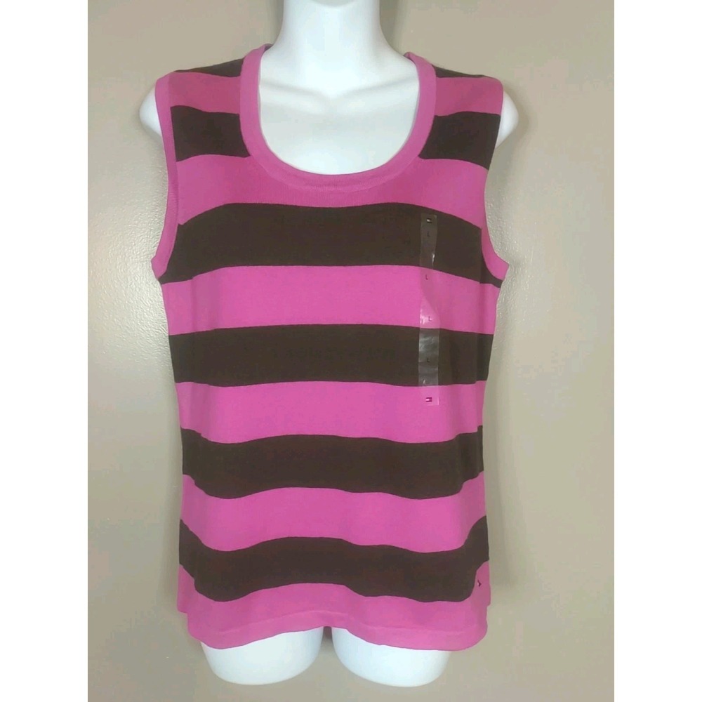 Tommy Hilfiger Women Pink Brown Striped Cashmere Blend‎ Tank Top Size L